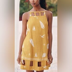 Anthropologie Celandine Linen Blend Square Neck Cut Out Mini Dress Maize Size XS